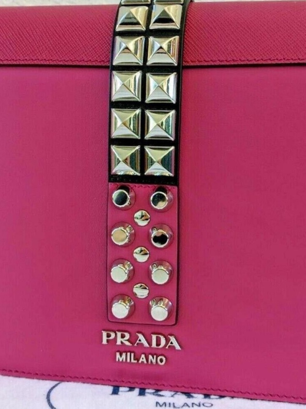 Prada⭐️City Calf-Saffiano Fuchsia Leather Stud-Embellished Crossbody Bag!
